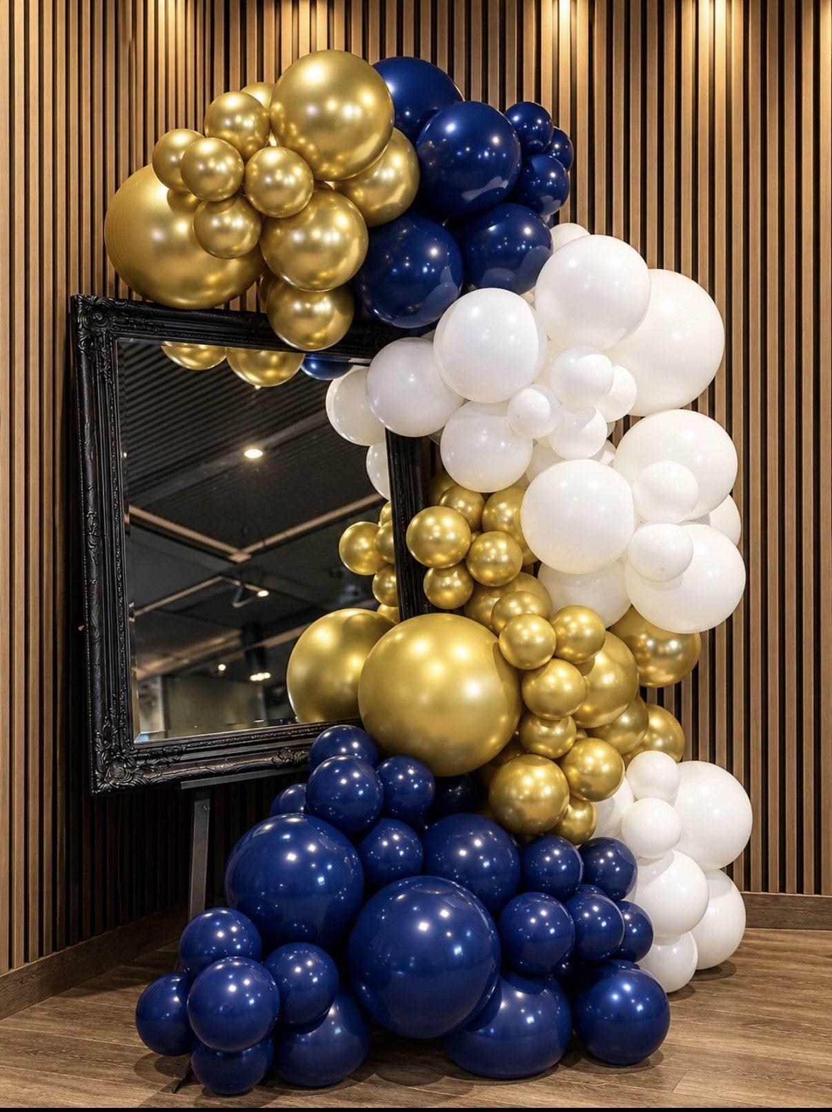 Navy, gold and white balloon arch in the function room at The Lounge Rotherham