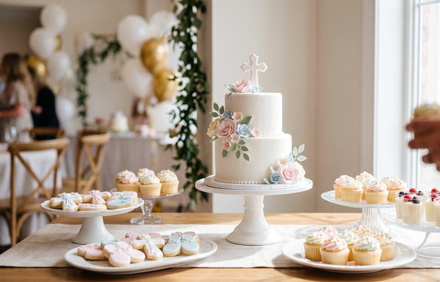 Christening cake and dessert table set up for a celebration at The Lounge Rotherham