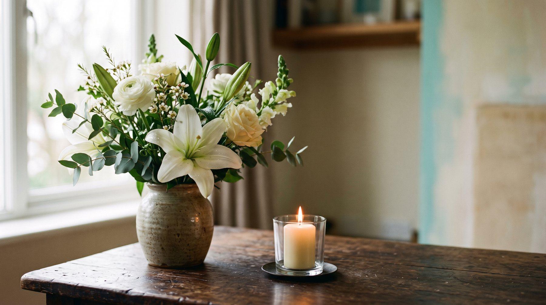 White lilies and a lit candle on a table, set for a wake at The Lounge Rotherham